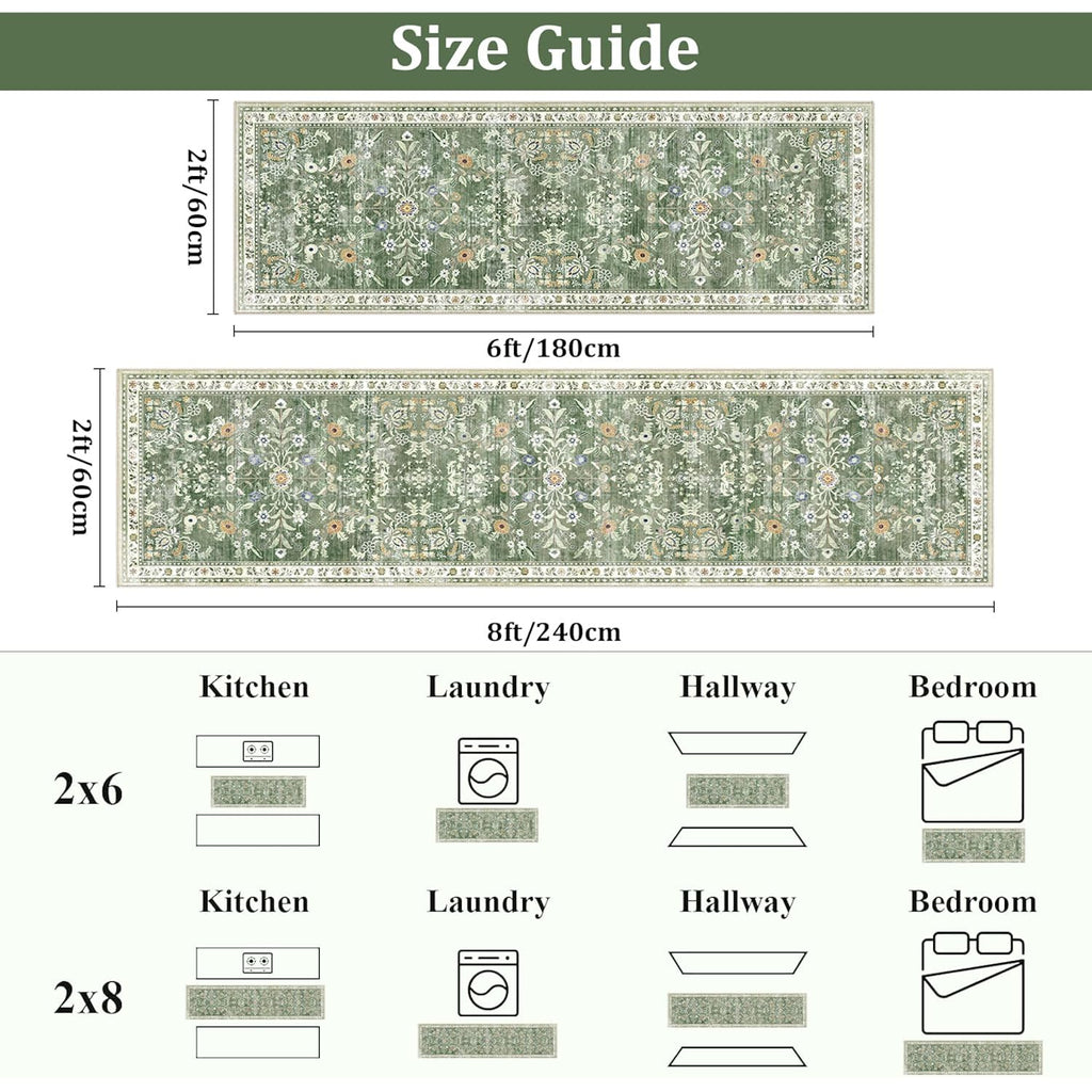 Yamaziot Washable Runner Rug 2x8 – Non Slip Boho Floral Hallway Runner Rug with Rubber Backing, Low Pile Wool Distressed Carpet for Kitchen, Laundry, Bedroom, Entrance, Mottled Green