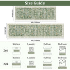 Yamaziot Washable Runner Rug 2x8 – Non Slip Boho Floral Hallway Runner Rug with Rubber Backing, Low Pile Wool Distressed Carpet for Kitchen, Laundry, Bedroom, Entrance, Mottled Green