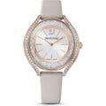 Swarovski Crystalline Aura Watch, Taupe Leather Strap, Rose-Gold Tone Finish, Clear Crystals, Swiss Made, Part Of The Crystalline Watch Collection