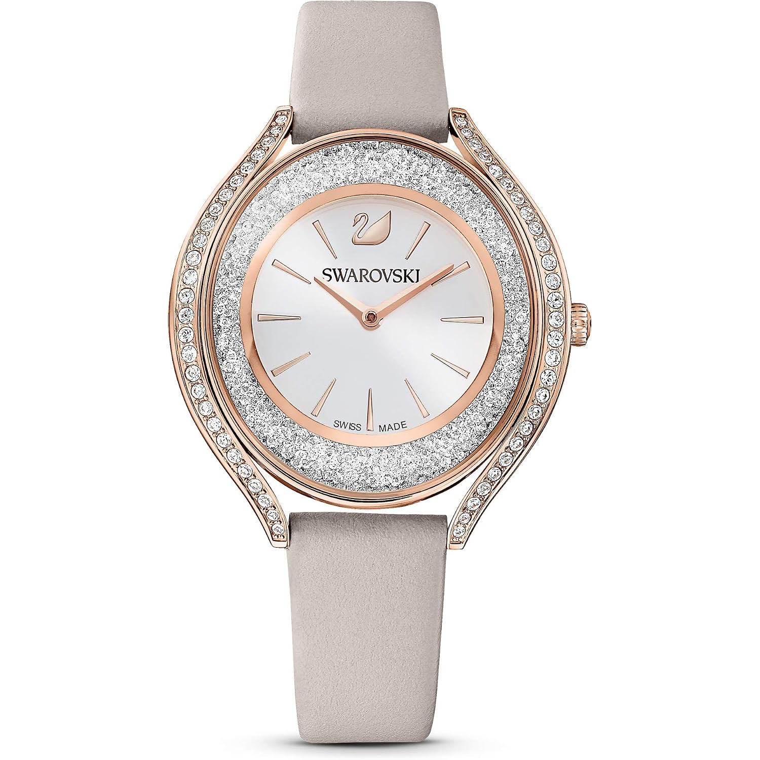 Swarovski Crystalline Aura Watch, Taupe Leather Strap, Rose-Gold Tone Finish, Clear Crystals, Swiss Made, Part Of The Crystalline Watch Collection