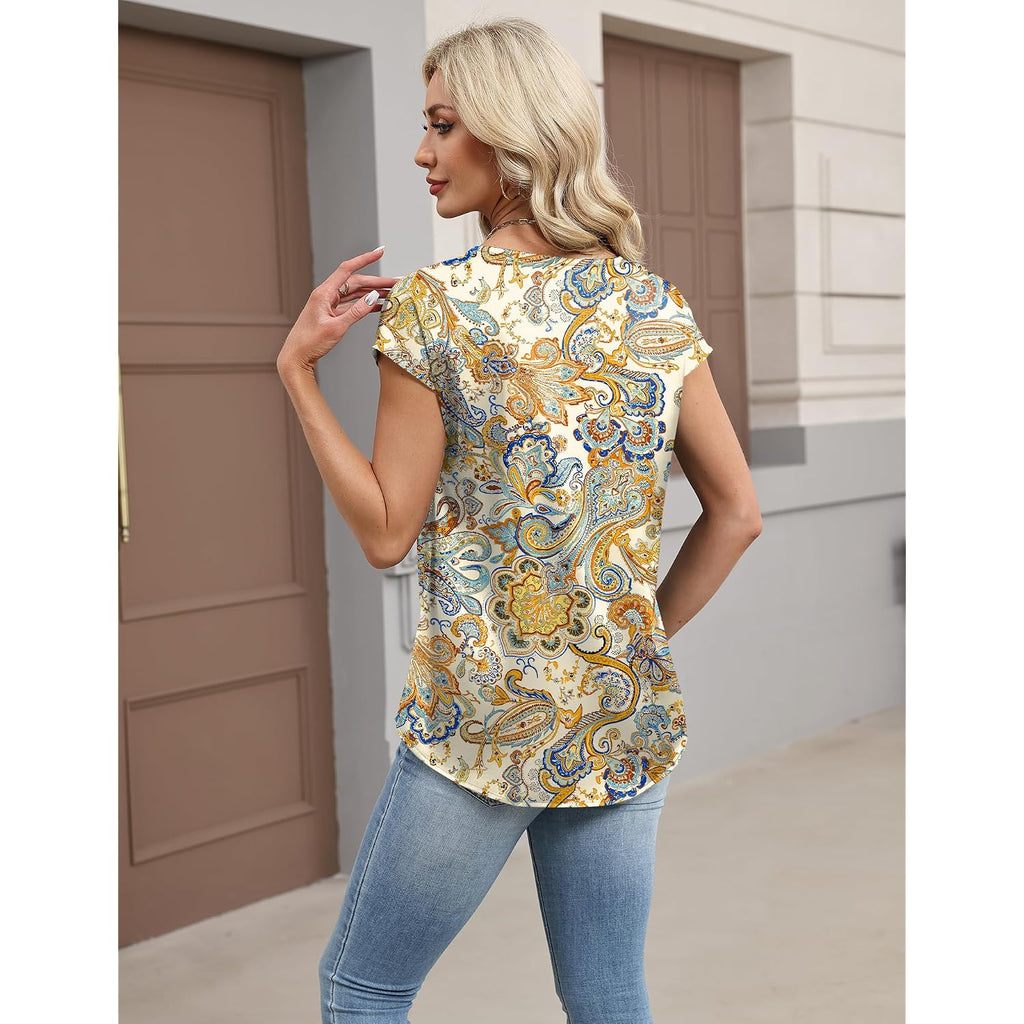 Lomon Women Silk Satin Tops Cap Short Sleeve Blouse V Neck Shirts Business Casual Outfits