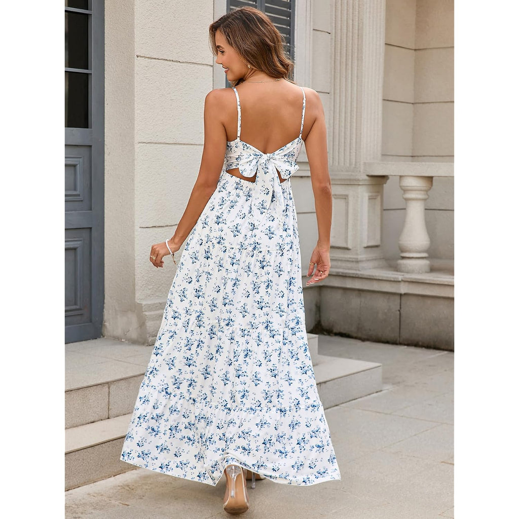 Htzmo Women Casual Summer Floral Maxi Sundress V Neck Spaghetti Strap Bow Tie Backless Flowy Boho Beach Long Dress 2026