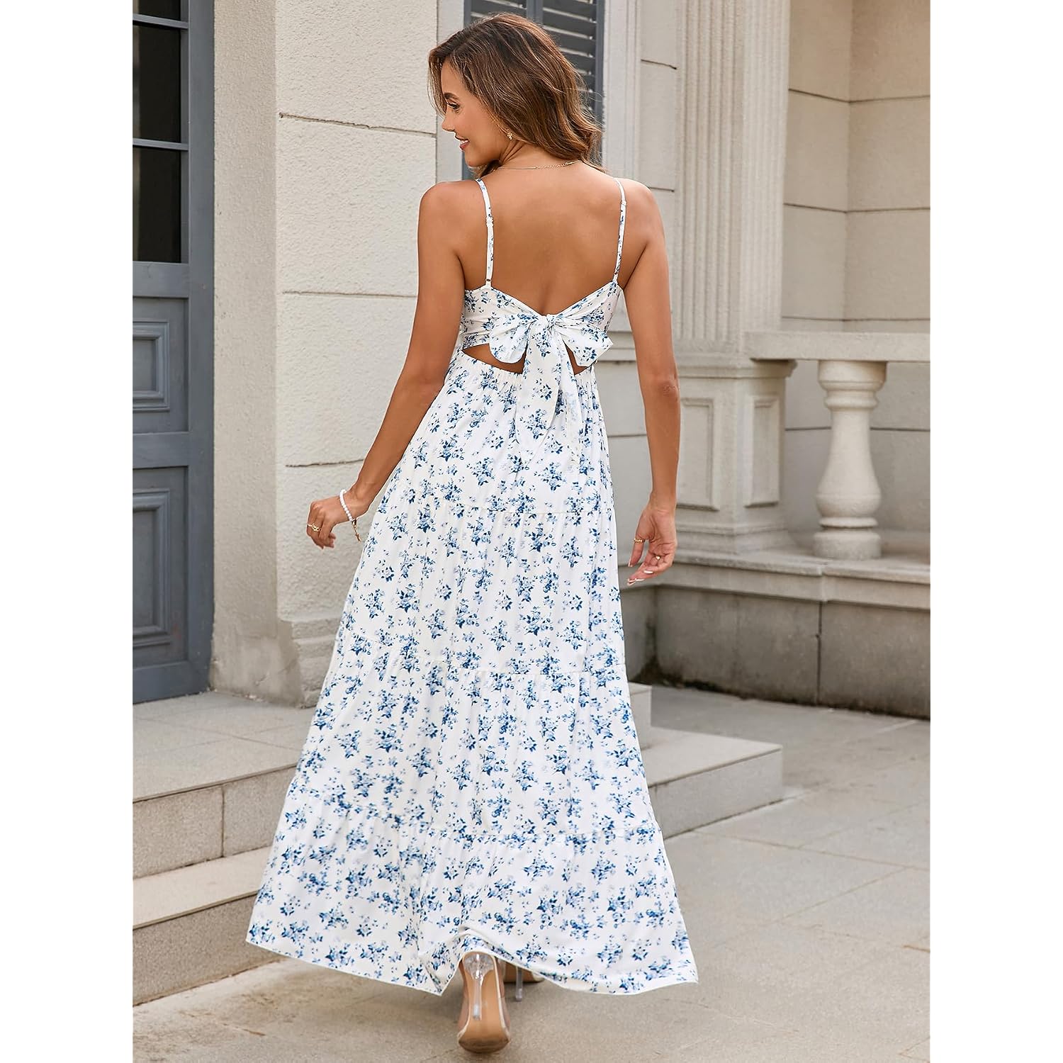 Htzmo Women Casual Summer Floral Maxi Sundress V Neck Spaghetti Strap Bow Tie Backless Flowy Boho Beach Long Dress 2026