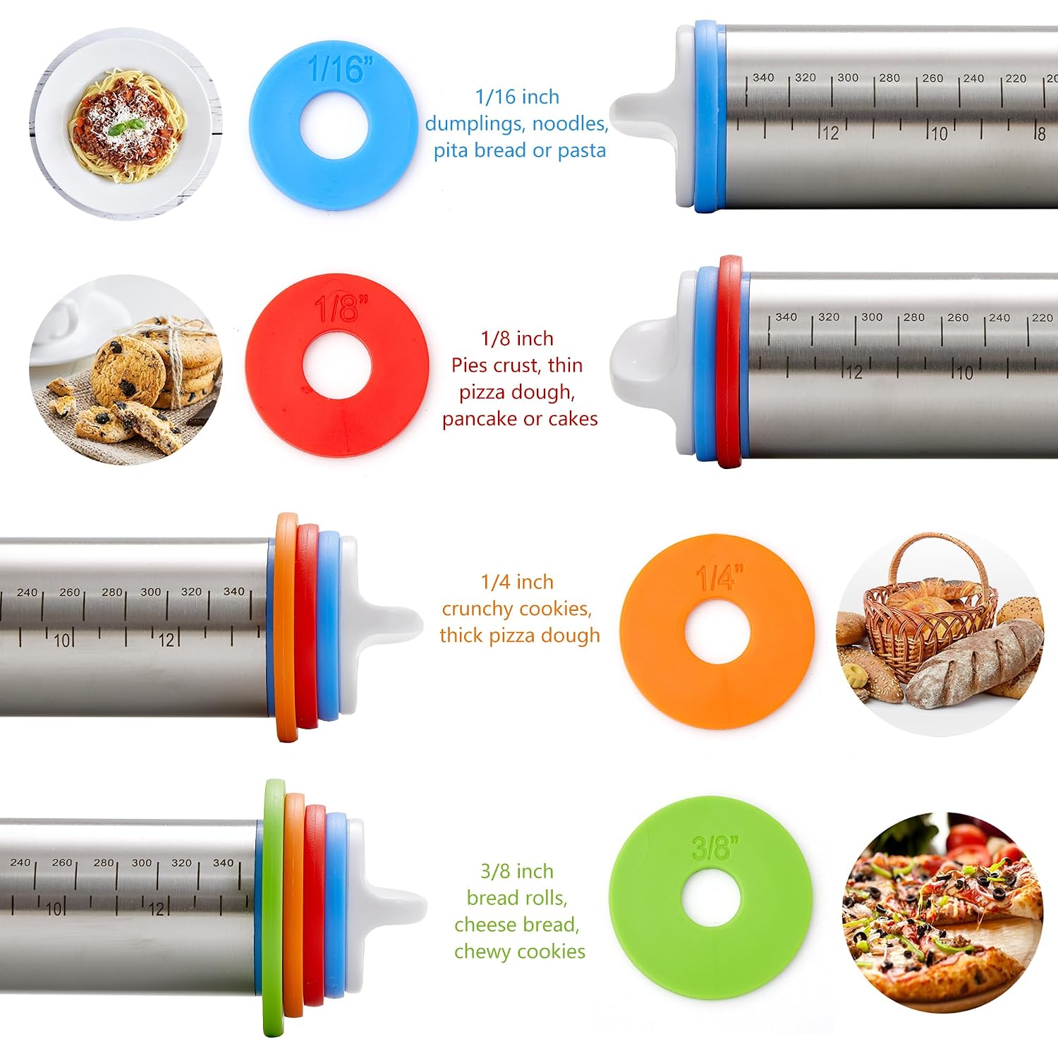 Rolling Pin With Thickness Rings, Fulimax 17" Adjustable Stainless Steel Rolling Pins For Baking, Dough Roller For Fondant Pizza, Pie, Pasta, Cookies, Cakes, Kitchen Baking Supplies