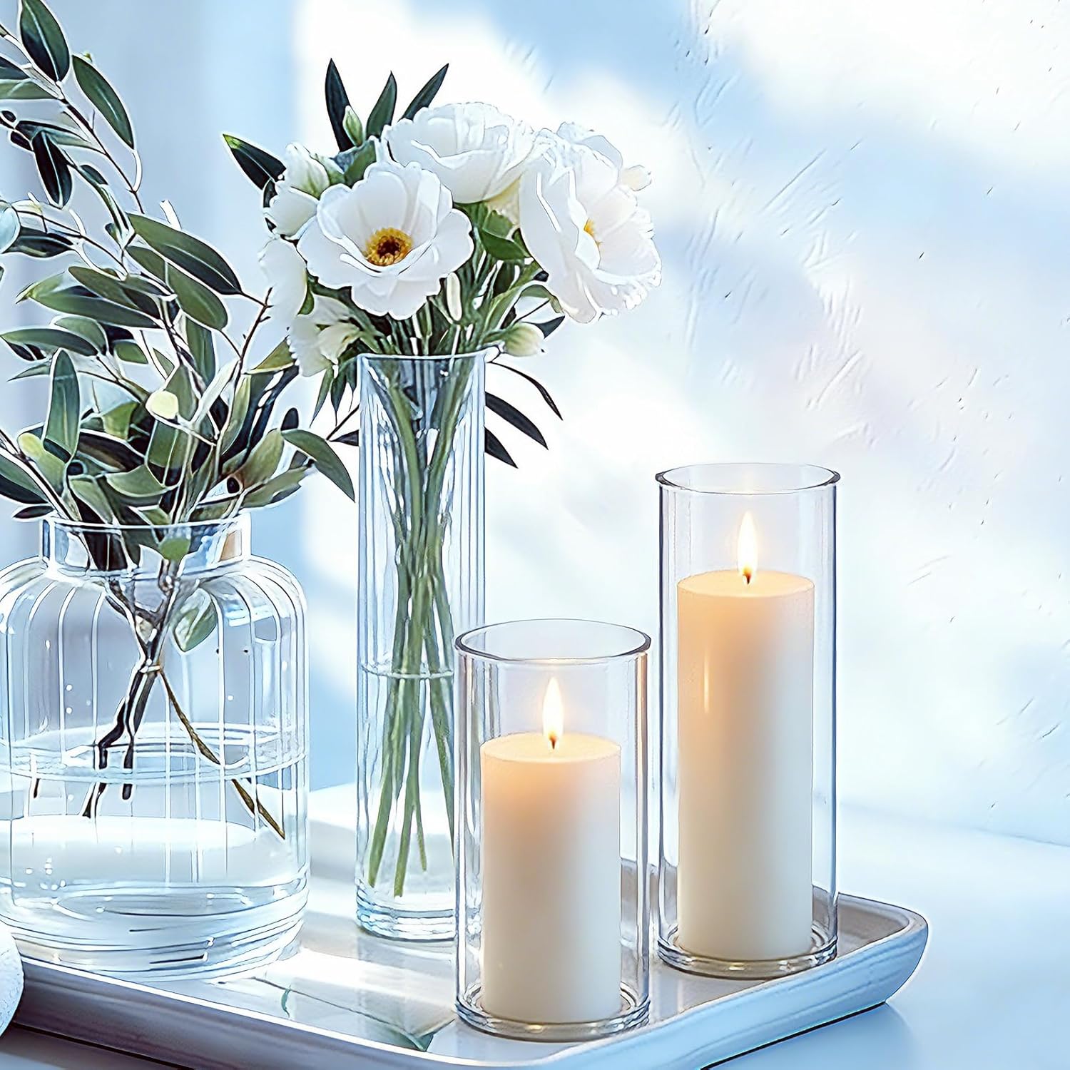 24 Pcs White Pillar Candles and Glass Candle Holders Cylinder Candle Vases for Pillar Candles Hurricane Candle Holders Set for Wedding Party, Event, Home Office Decor