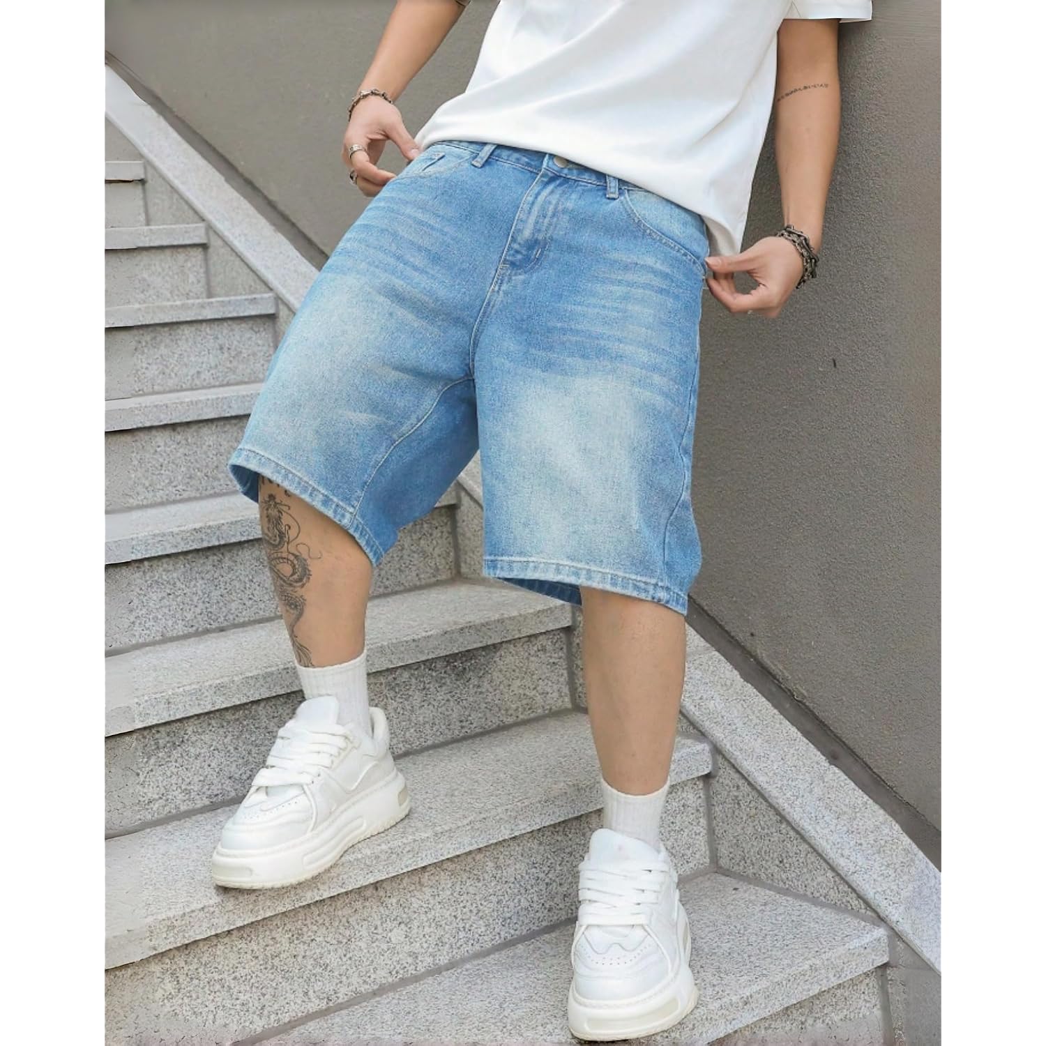 Mens Baggy Jean Shorts Loose Fit Vintage Wide Leg Jorts Y2K Streetwear Hip Hop Casual Long Denim Shorts