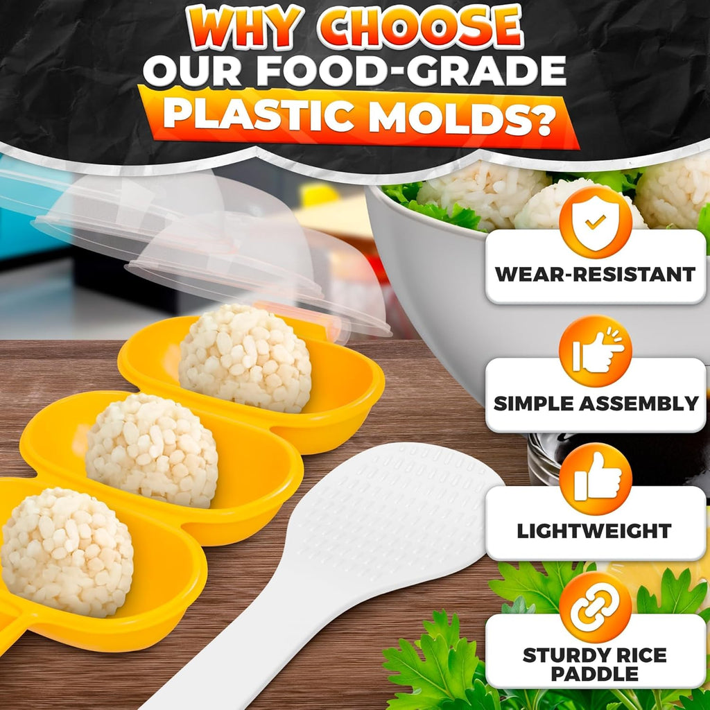 Rice Ball Mold - Mini Rice Ball Maker Mold with 3 Bite-Size Portions, Plastic Shaker with Scoop for Fast Shake Shaping – Versatile Tool for Bento Meals, Temari Sushi, Yaki-Onigiri & Creative Plating