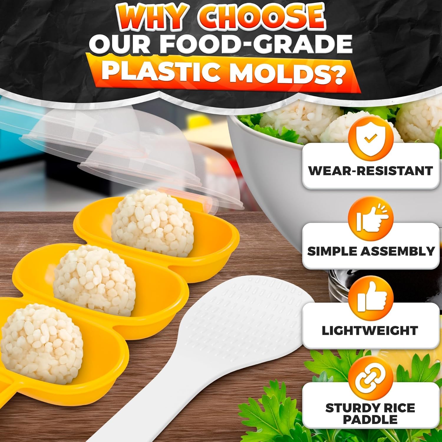 Rice Ball Mold - Mini Rice Ball Maker Mold with 3 Bite-Size Portions, Plastic Shaker with Scoop for Fast Shake Shaping – Versatile Tool for Bento Meals, Temari Sushi, Yaki-Onigiri & Creative Plating