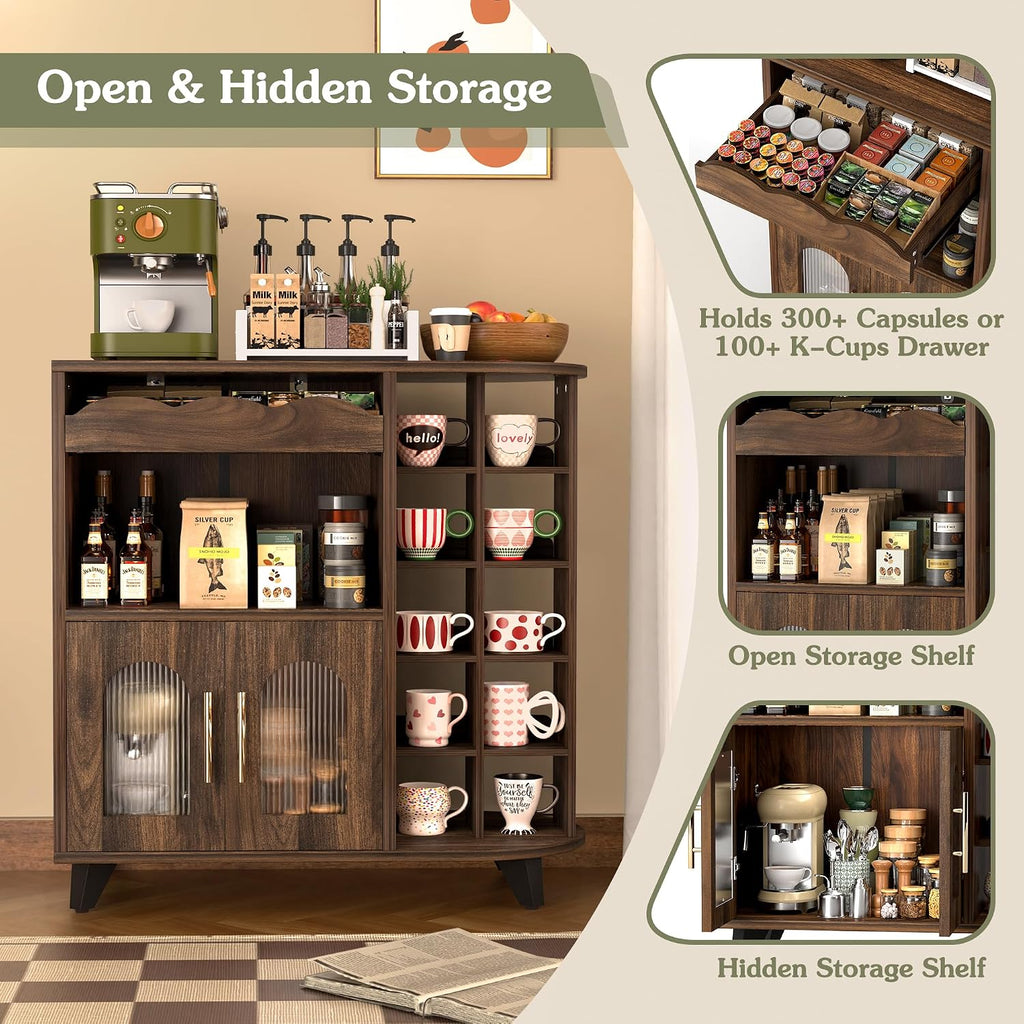 Coffee Bar Cabinet With 24-Cup Display, Large Drawer & Storage,Modern Buffet Sideboard For Kitchen, Medium Wooden Bar Station For Apartment，Walnut