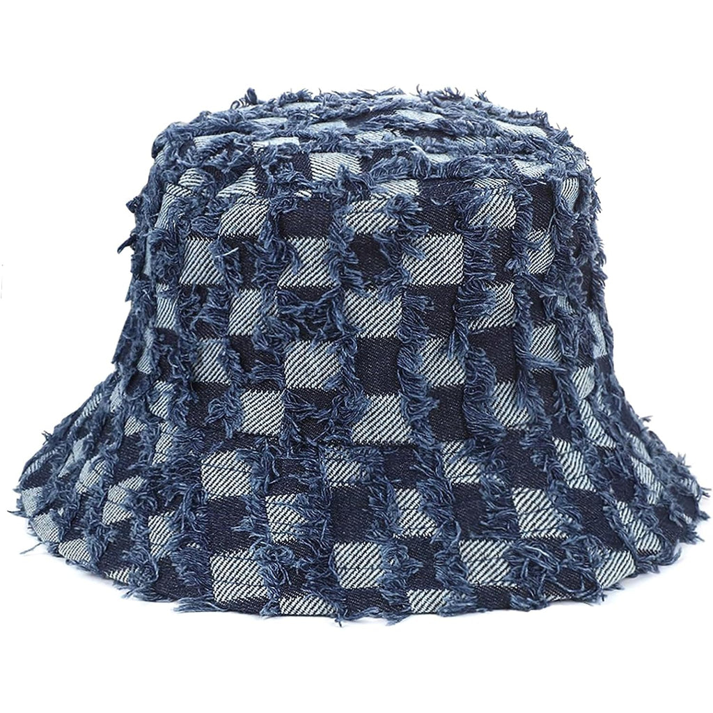 Women'S Vintage Denim Washed Cotton Bucket Hat Cowboy Checkerboard Fishermen Hat Outdoor Sun Cap