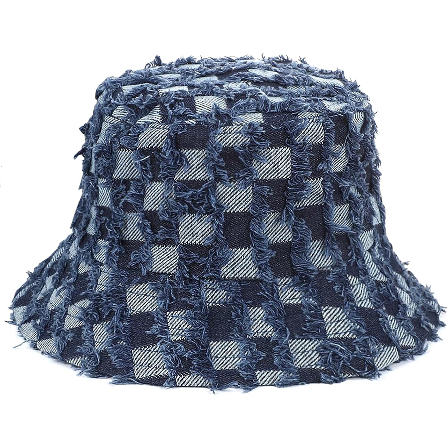 Women'S Vintage Denim Washed Cotton Bucket Hat Cowboy Checkerboard Fishermen Hat Outdoor Sun Cap