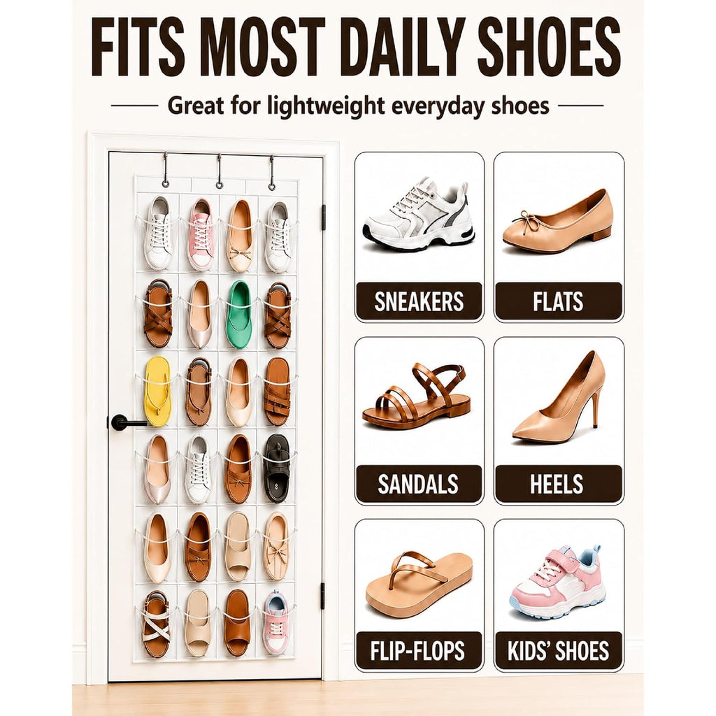 Over The Door Shoe Organizer With 24 Crystal Clear Pockets And Metal Hooks – Heavy Duty Hanging Shoe Storage Rack For Closet, Bathroom, Dorm – Space Saving For Shoes, Accessories, Toys (White)