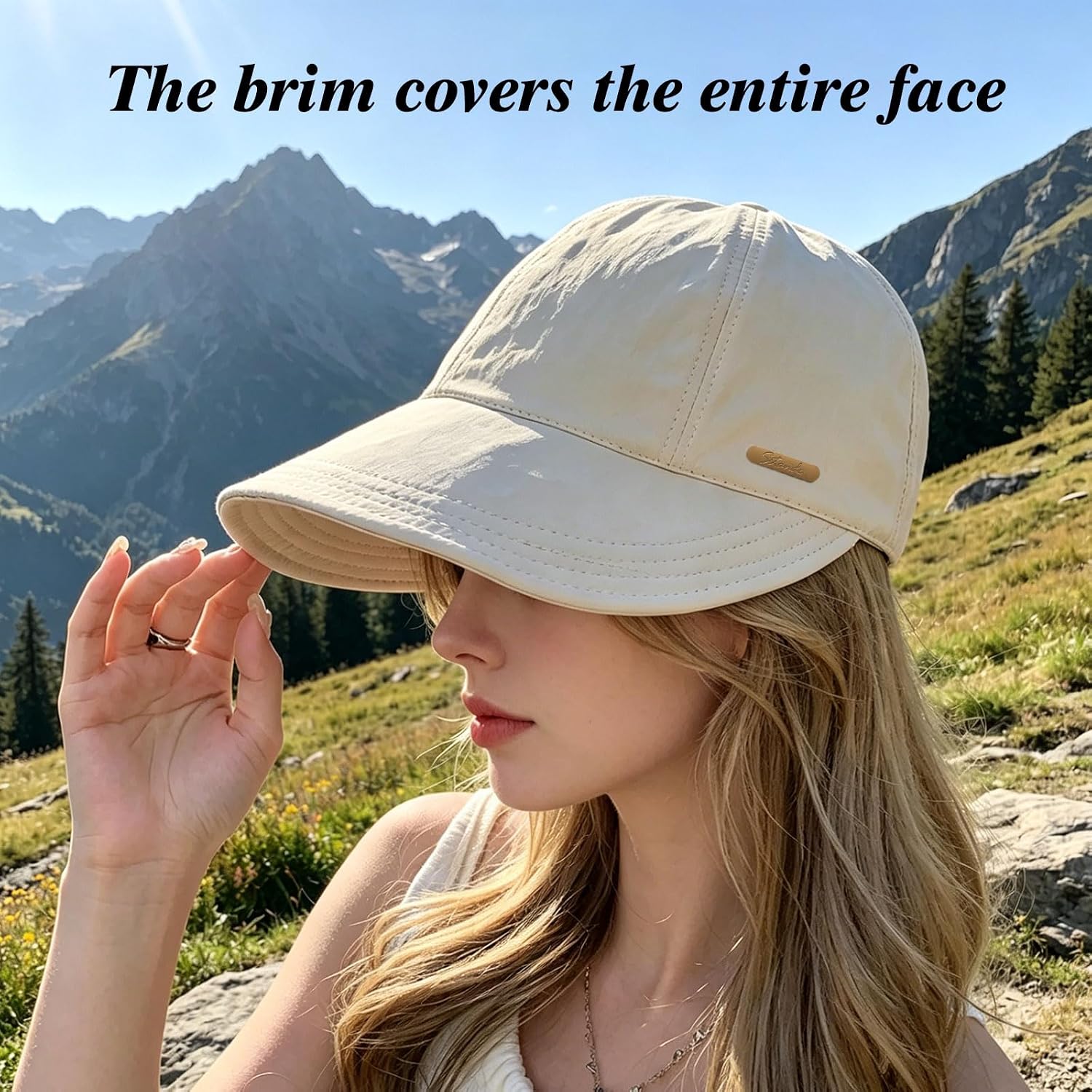 Women Sun Hat Wide Brim Hat Ponytail Baseball Cap Foldable Packable for Summer Beach Golf Hiking Fishing Beige