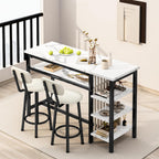 Awqm 3-Piece Bar Table And Chairs Set, Modern White Faux Marble Table With 2 Pu Cushion Bar Stools, Kitchen Counter With 3 Tier Storage Shelves, Space Saving Table For Home & Kitchen, Black Frame