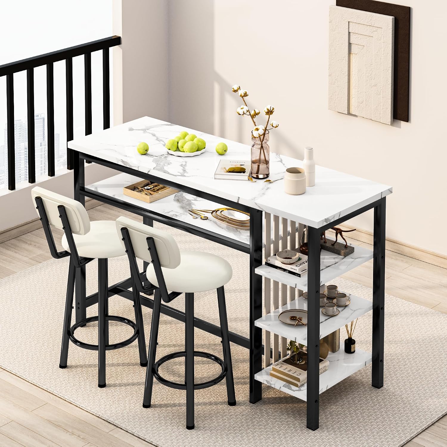 Awqm 3-Piece Bar Table And Chairs Set, Modern White Faux Marble Table With 2 Pu Cushion Bar Stools, Kitchen Counter With 3 Tier Storage Shelves, Space Saving Table For Home & Kitchen, Black Frame
