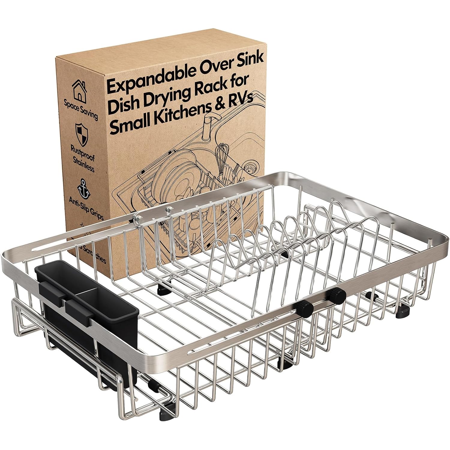 Dish Drying Rack Over The Sink With Utensil Holder | Expandable Stainless Steel Dish Drainer For Small Kitchen, Apartment, Rv, Counter Space Saving, Perfect Fit, Rustproof