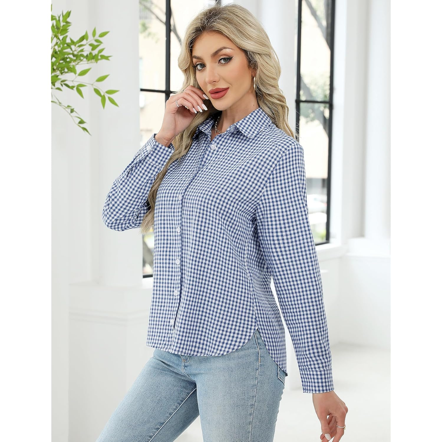 Womens Long Sleeve Button Down Shirts Casual Loose Fit Cotton Collared Blouses
