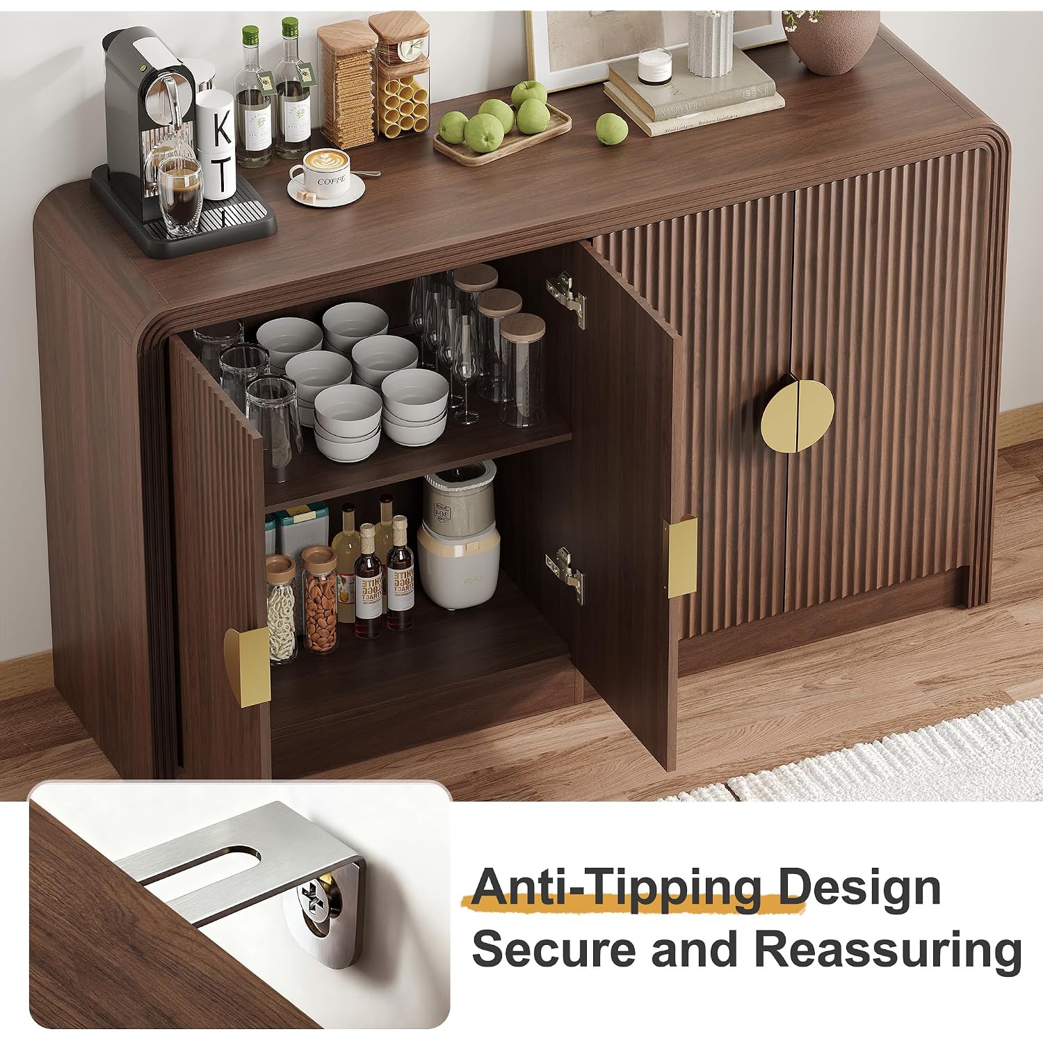 Decofy 55" Fluted Buffet Sideboard Cabinet, Modern Mid Century Console Cabinet With Adjustable Shelves & Wavy Grain Doors For Kitchen Cabinet Storage,Living Room,Entryway,Coffee Bar Cabinet (Walnut)