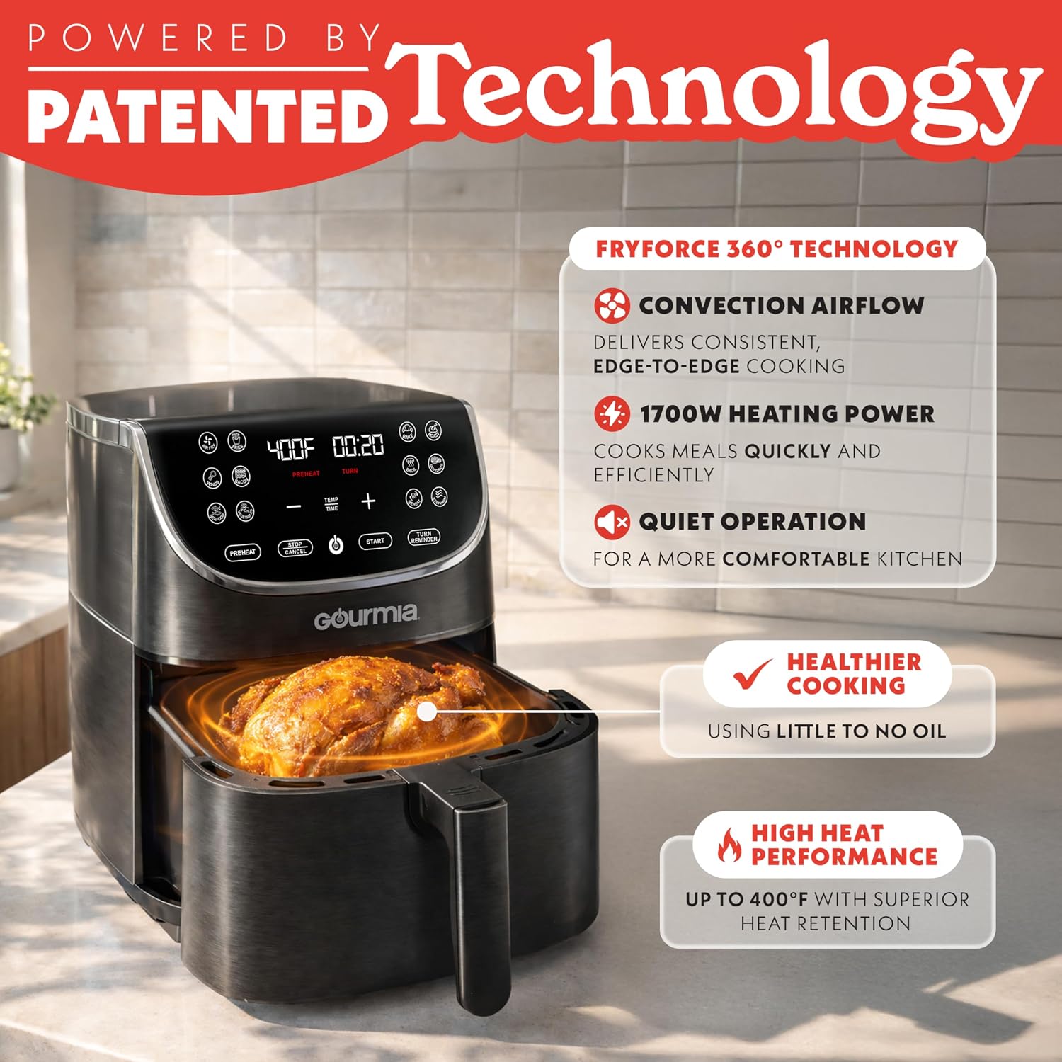 Gourmia Air Fryer - 7 Qt Large Capacity With Led Display, 12 One-Touch Presets, Fryforce 360° Technology, Nonstick Dishwasher-Safe Basket & Crisper Tray, Black