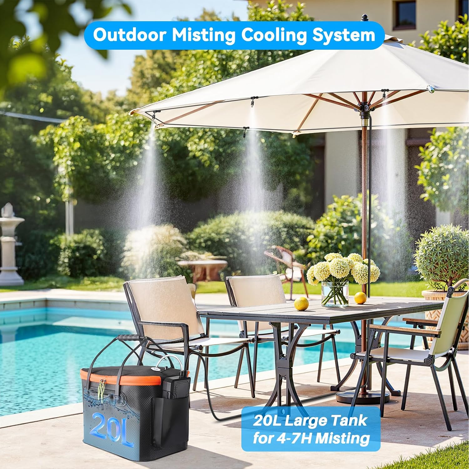 Portable Misting System For Outside Patio, Outdoor Water Cooling Mister With Battery Powered Pump (Max 8Hrs), 20L Bucket, 26Ft Hose, Patio Misters For Tailgating, Pasture, Camping, Canopy, Sport