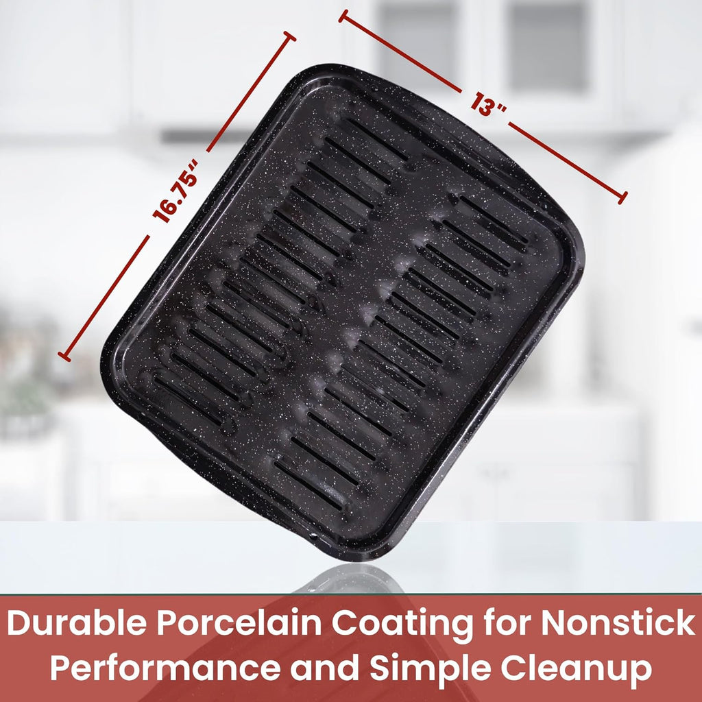 Broiler Pan for Oven Nonstick 16.75” x 13” Porcelain Nonstick Coated - Broiling Pan for Oven Withstands Heat up to 550° F - Heavy Duty Broil Pans and Rack Circulates Heat and Drains Fat (Speckled)
