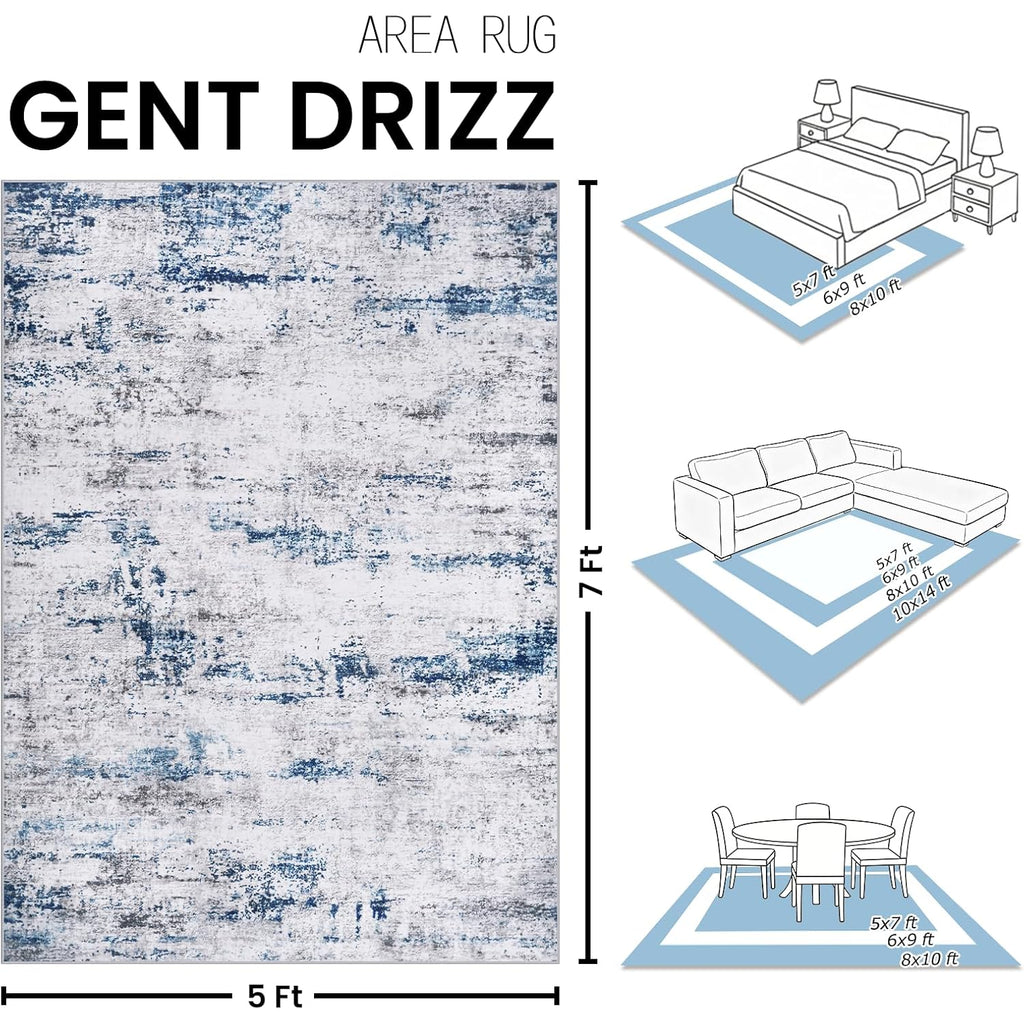 Area Rug Living Room Rugs: 5x7 Large Soft Indoor Carpet Modern Abstract Rug with Non Slip Rubber Backing for Under Dining Table Nursery Home Office Bedroom White Gray Blue
