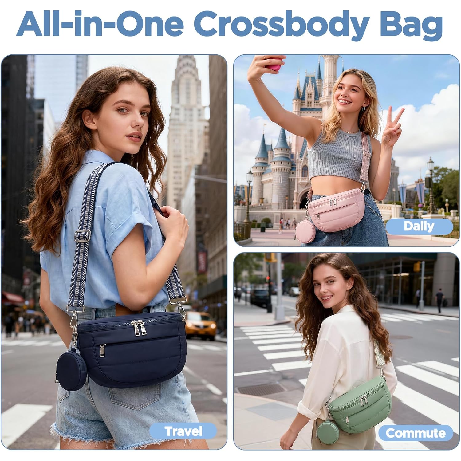 Crossbody Bag For Women, Lightweight Puffer Bum Bag With Rfid Blocking Pocket & Removable Coin Pouch, Hands-Free Travel Shoulder Bag For Everyday Vintage Blue