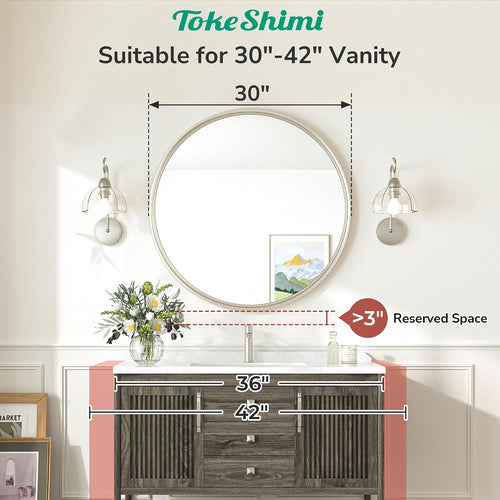 30 Inch Brushed Nickel Mirror Round Tempered, Shatterproof Bathroom Vanity Mirror Circle, Metal Farmhouse Wall Mounted Mirror For Vanity, Entryway, Bedroom, Restroom, Living Room
