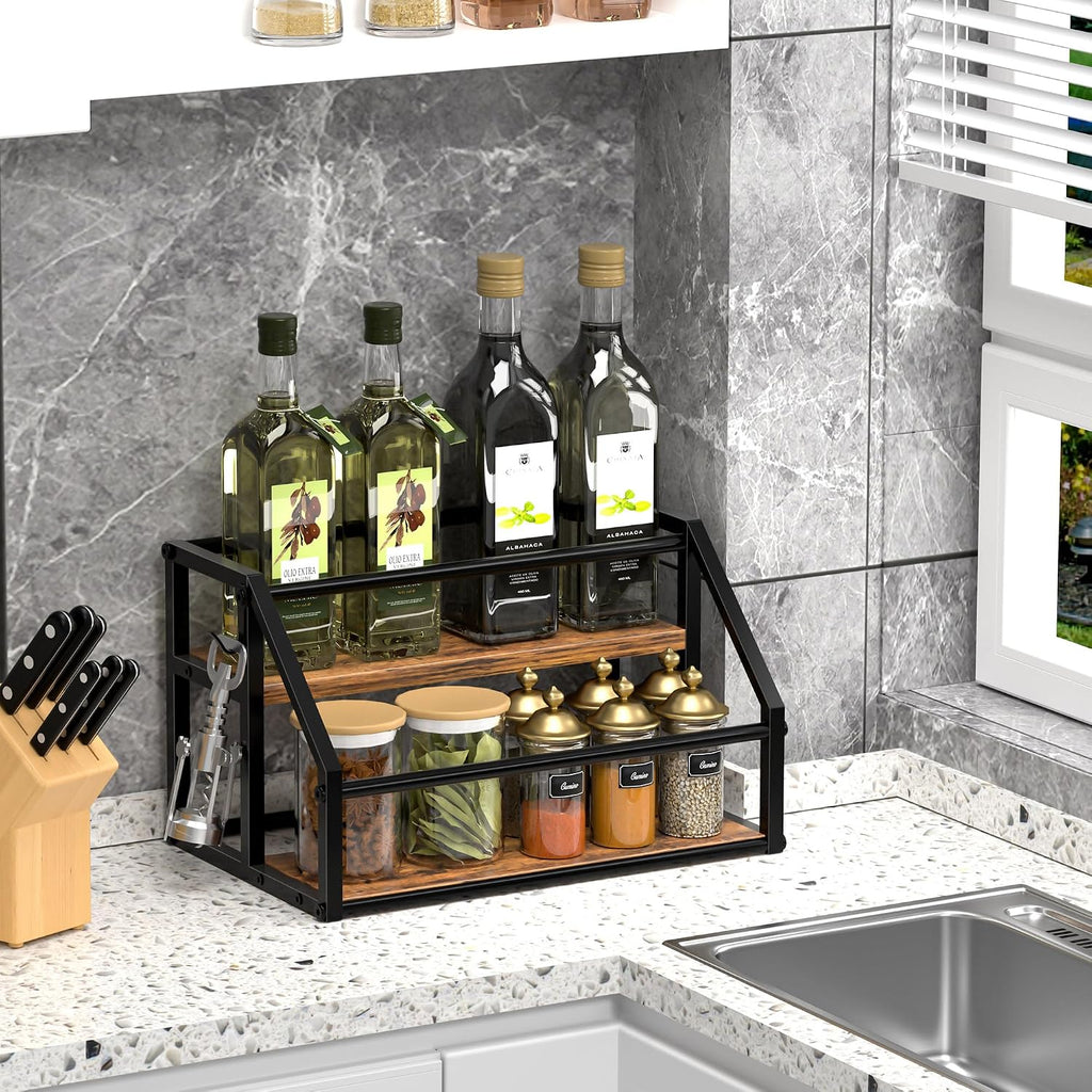 Coffee Syrup Rack Organizer, Syrup Bottle Holder Stand For Coffee Bar, 2-Tier 8 Bottles Storage Shelves For Syrup, Wine, Dressing For Kitchen Countertop, Rustic Brown & Black