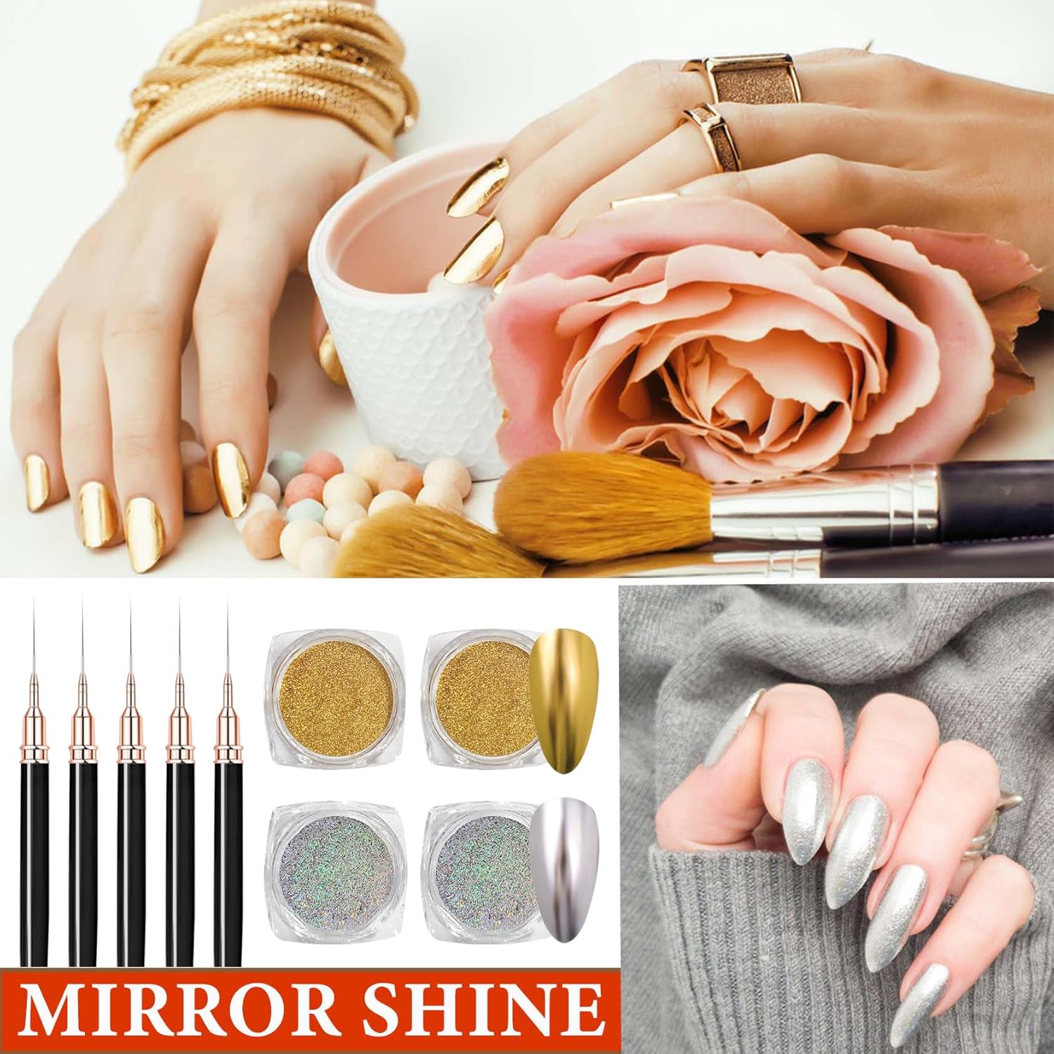 4PCS Gold Silver Chrome Nail Powder,Holographic Highly Pigmented Chrome Powder,Nail Powder Magic Art Mirror Titanium Alloy Chrome Powder Art Decoration Set