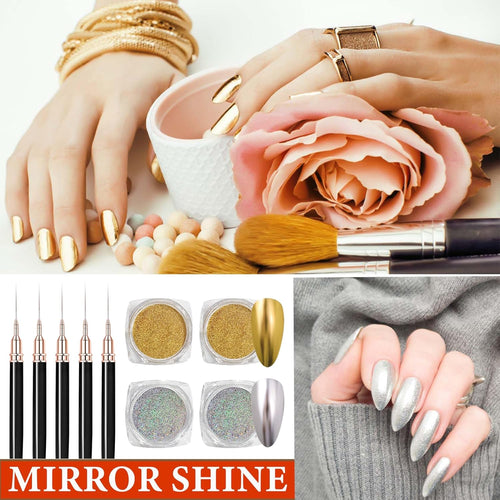 4PCS Gold Silver Chrome Nail Powder,Holographic Highly Pigmented Chrome Powder,Nail Powder Magic Art Mirror Titanium Alloy Chrome Powder Art Decoration Set