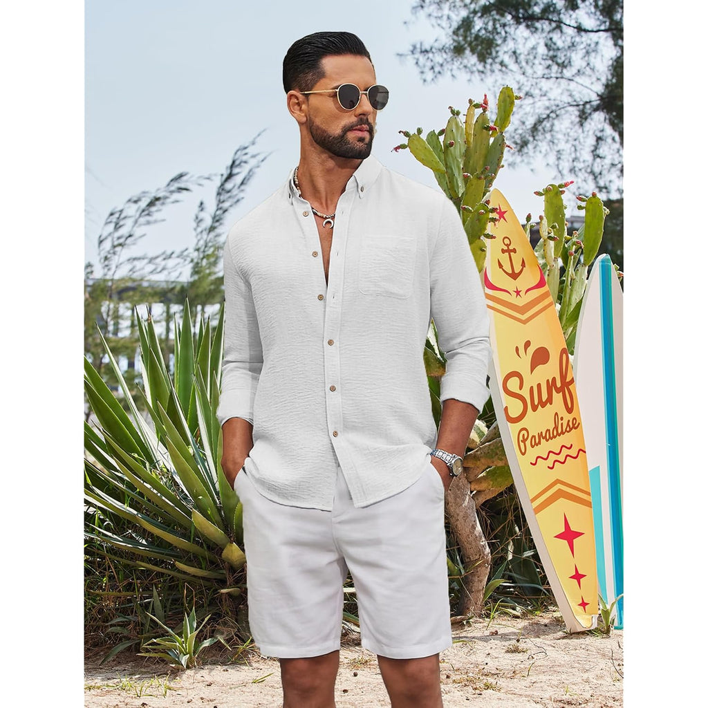 Coofandy Men'S Long Sleeve Button Down Shirt Casual Untucked Shirts Summer Beach Wedding Linen Textured Shirts