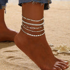 Gokeey Ankle Bracelets for Women, 14k Gold Plated Jewelry Set Waterproof Layered Cuban Figaro Link Chain Anklets Set Gold Anklets Summer Boho Beach Jewelry Gift Adjustable Size
