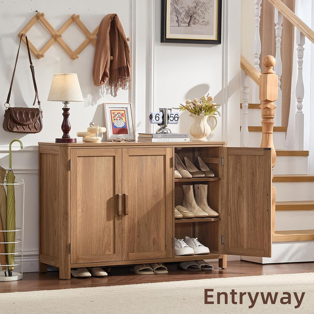 Joaxswe Sideboard Buffet Cabinet With Storage, 46" Arc-Shaped Credenza With 3 Doors & Adjustable Shelves, Mid Century Modern Coffee Bar Cabinet For Kitchen, Living Room, Entryway, Darkwood