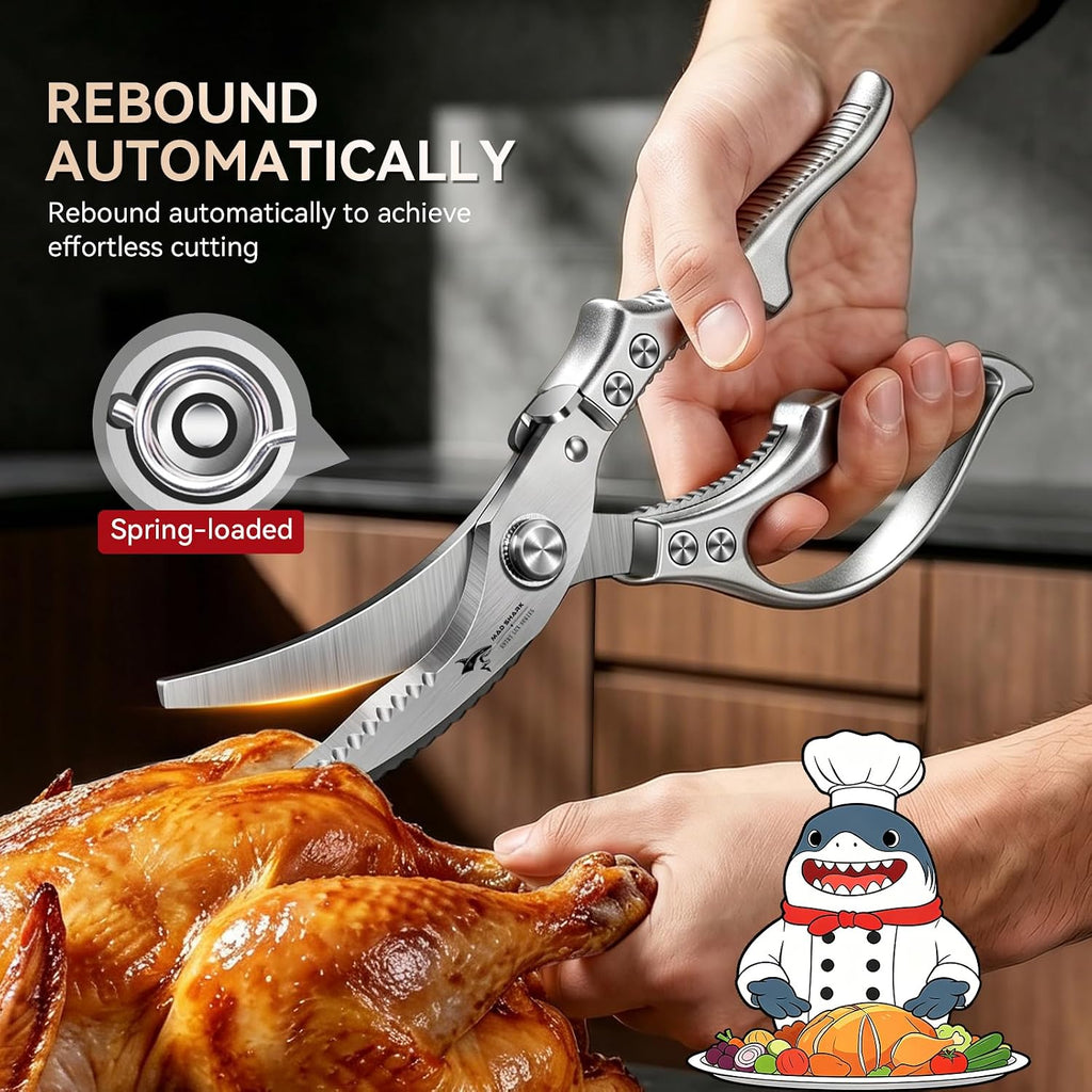 Mad Shark Heavy Duty Poultry Shears, Kitchen Shears With Non-Slip Handle & Safety Lock, All Purpose Kitchen Scissors For Chicken, Meat Cutting, Turkey, Fish, Vegetables, Spring Loaded, Dishwasher Safe