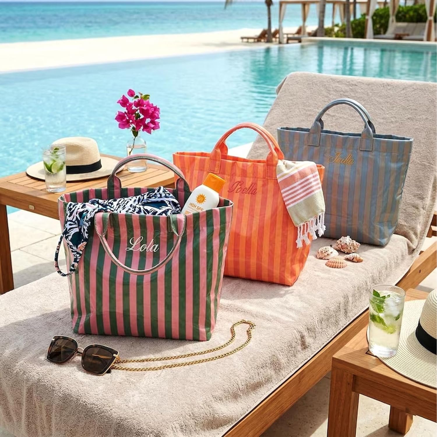 Personalized Beach Tote Bag with Name, Custom Embroidery Waterproof Striped Tote for Women, Large Capacity PVC Handbag for Summer Travel, Lightweight Beach Bag Gift for Mom Bridesmaid Birthday. | Waterproof fabric