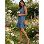 Halife Womens Casual Summer Dresses Tie Back Crew Neck Sleeveless Tank Mini Dress Ruffle Hem Flowy Beach Sundresses