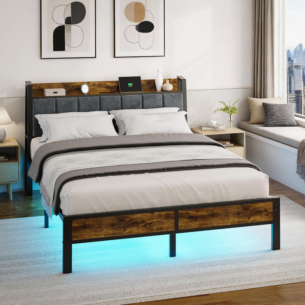 Liians Queen Size Bed Frame With Wood Headboard, Metal Platform Bed With Usb Charging Station And Smart Led Lights, No Box Spring Needed, Easy Assembly