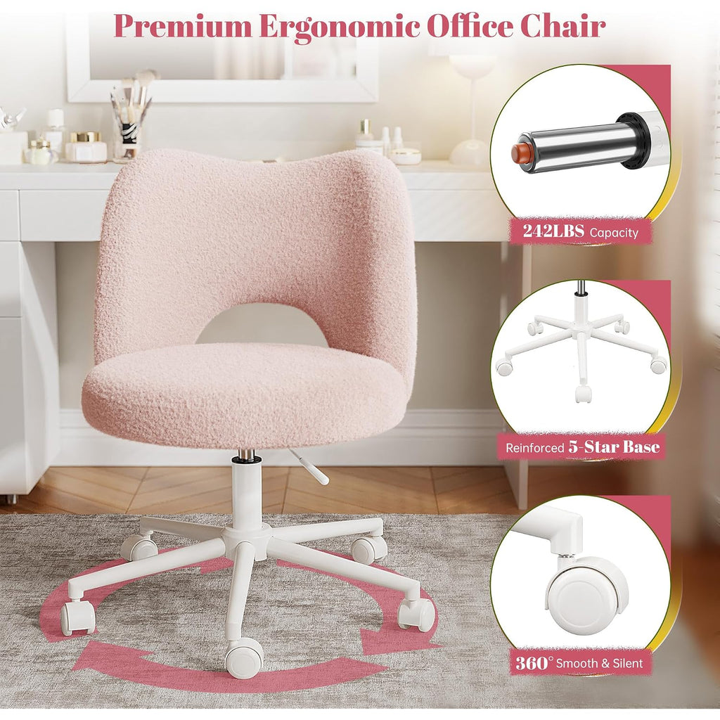 Vanity Chair With Open Back & Wheels,Armless,Pink