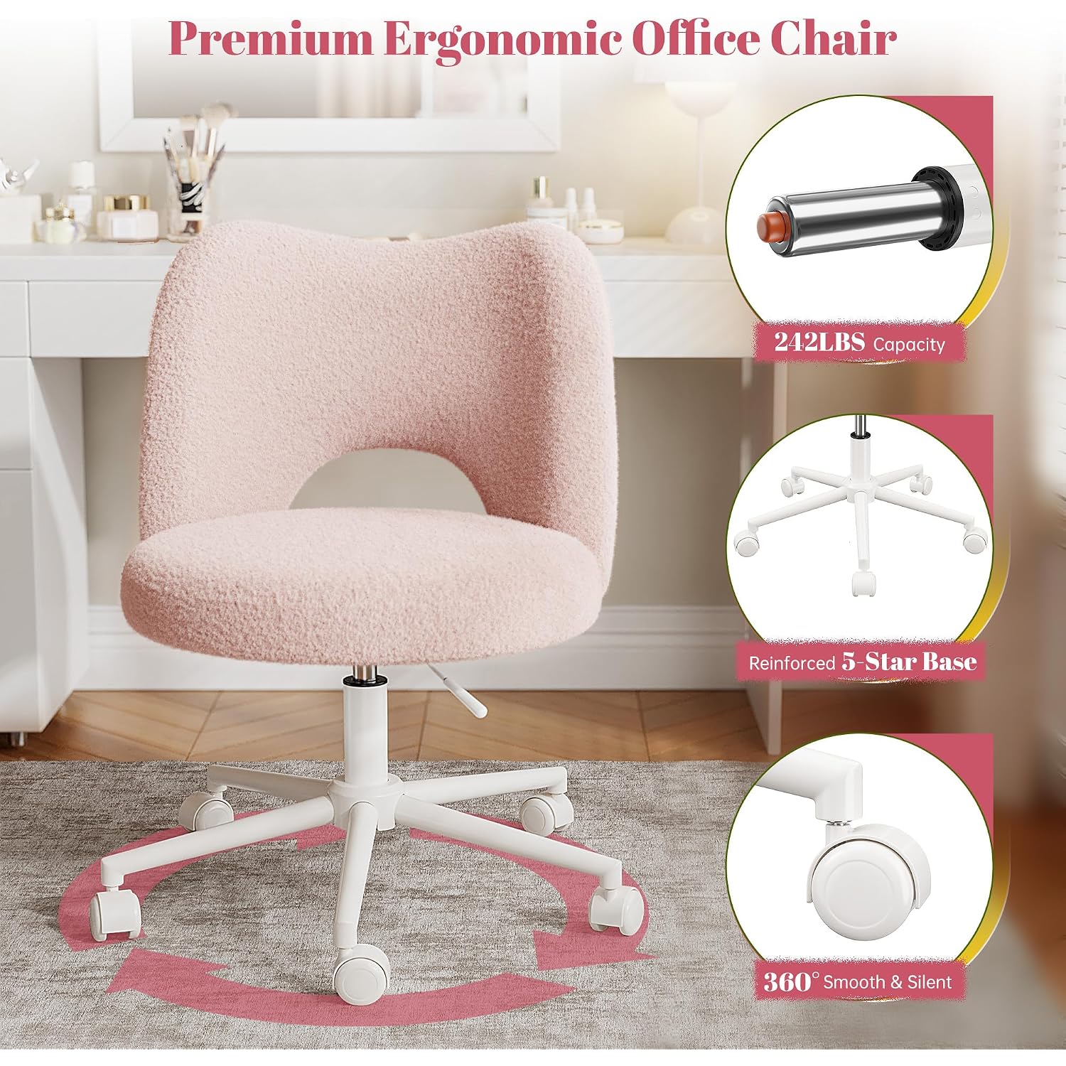 Vanity Chair With Open Back & Wheels,Armless,Pink