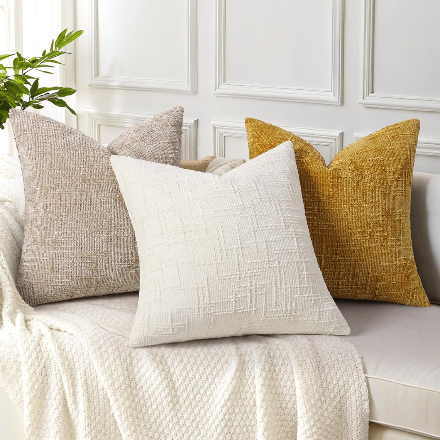 Decoruhome Fall Cream White Chenille Throw Pillow Covers 18X18 Set Of 2 Textured Soft Cozy Slubby Couch Pillow Covers Modern Farmhouse Boho Decorative Pillow Cases For Bed Sofa Living Room