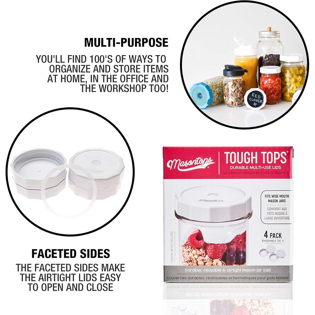Masontops Tough Tops - Ball Wide Mouth Mason Jar Lids Plastic Leakproof - BPA-Free White Plastic Mason Jar Lids - Reusable Dry Canning Lids fit Ball Jars (Ball Mason Jars not included)