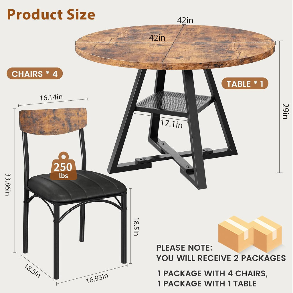 Dining Table Set For 4,Kitchen Table And Chairs For 4, Round Dining Room Table With Upholstered Chairs, 5 Piece Space Saving Circle Wood Kitchen & Dining Room Dinner Dinette Table Set (Vintage, 42In)