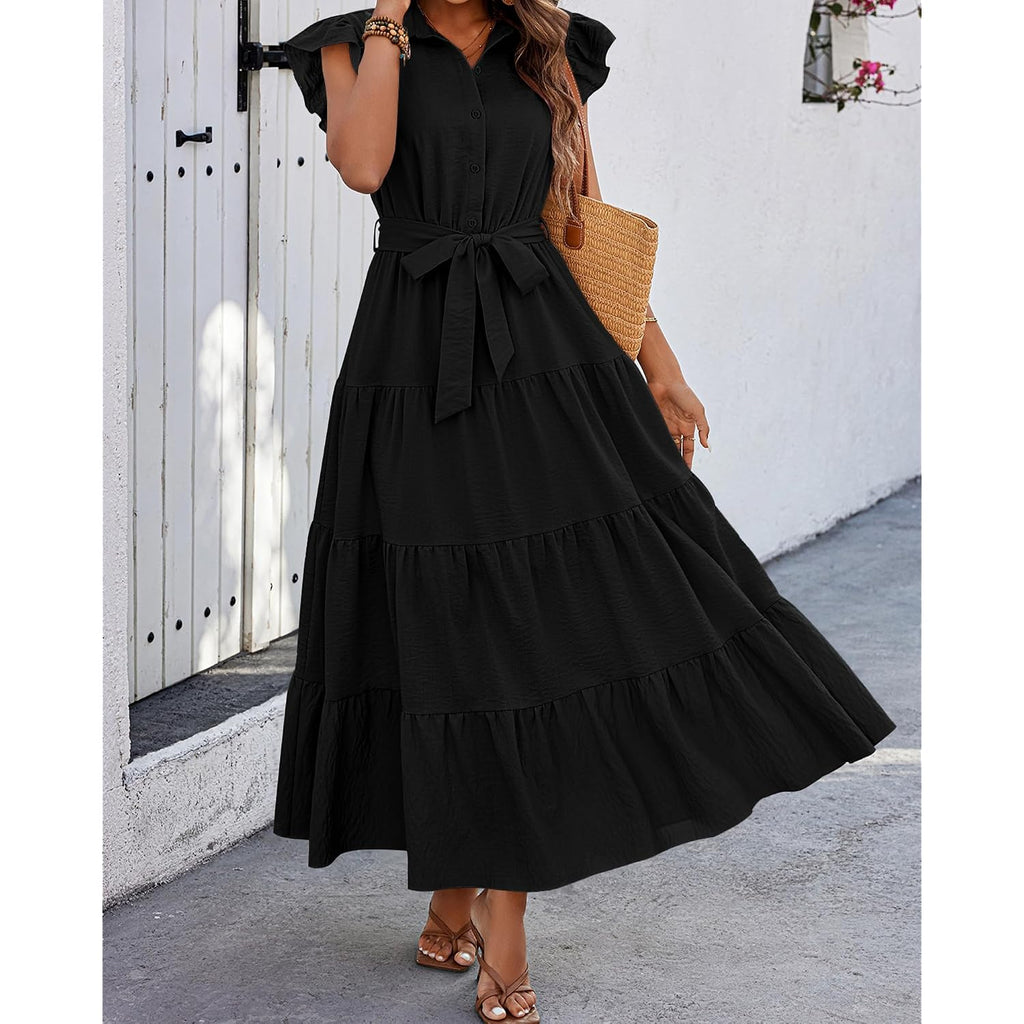 Dowerme Women'S Summer Casual Dresses 2026 Cap Ruffle Sleeve V Neck Button Belted Tiered Boho Maxi Dress With Pockets