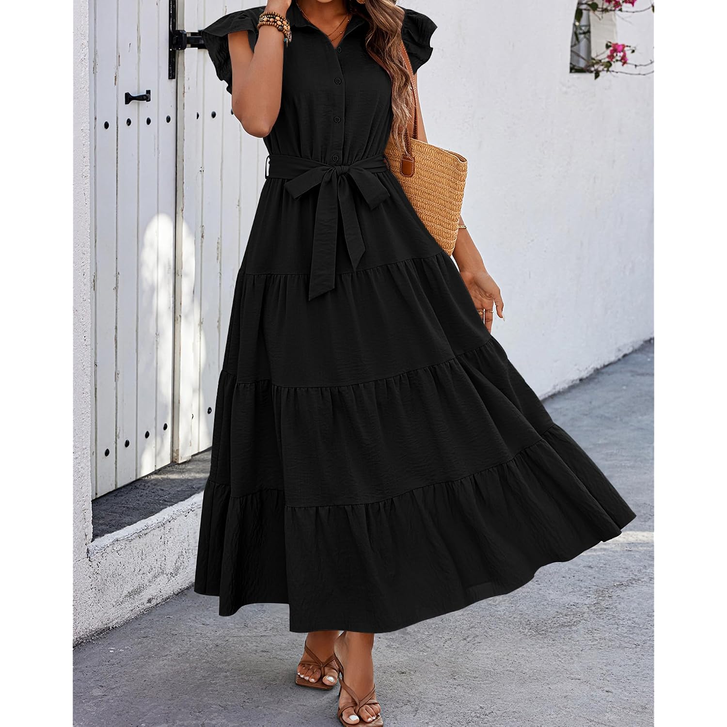 Dowerme Women'S Summer Casual Dresses 2026 Cap Ruffle Sleeve V Neck Button Belted Tiered Boho Maxi Dress With Pockets