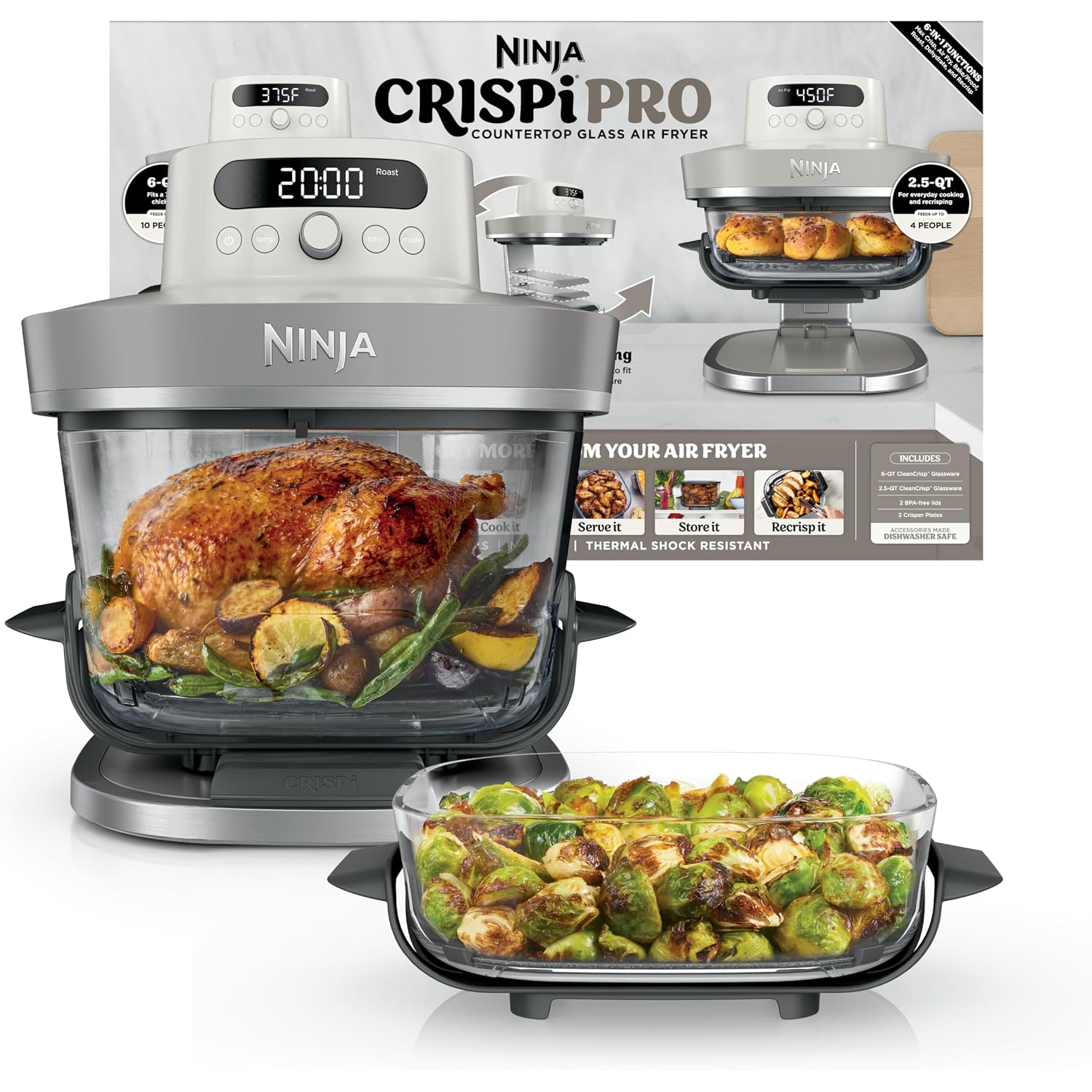 Ninja Crispi Pro 6-In-1 Glass Air Fryer | With Nontoxic, 6Qt & 2.5Qt Containers & Lids | Microwave, Freezer, Dishwasher Safe | 450°F Max Temp | 1800 Watt | Bone | As101Lg