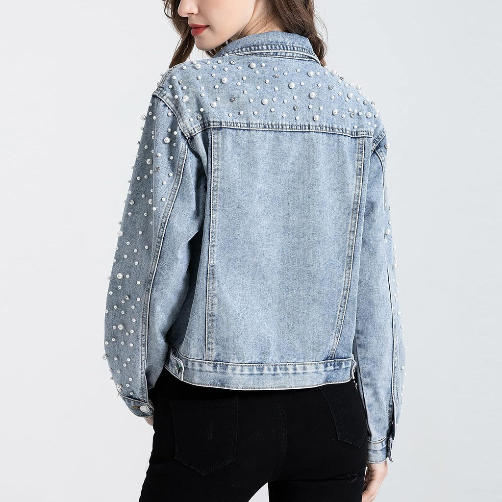 Women'S Pearls Denim Jacket Cropped Rhinestones Jean Jacket Coat