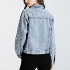 Women'S Pearls Denim Jacket Cropped Rhinestones Jean Jacket Coat