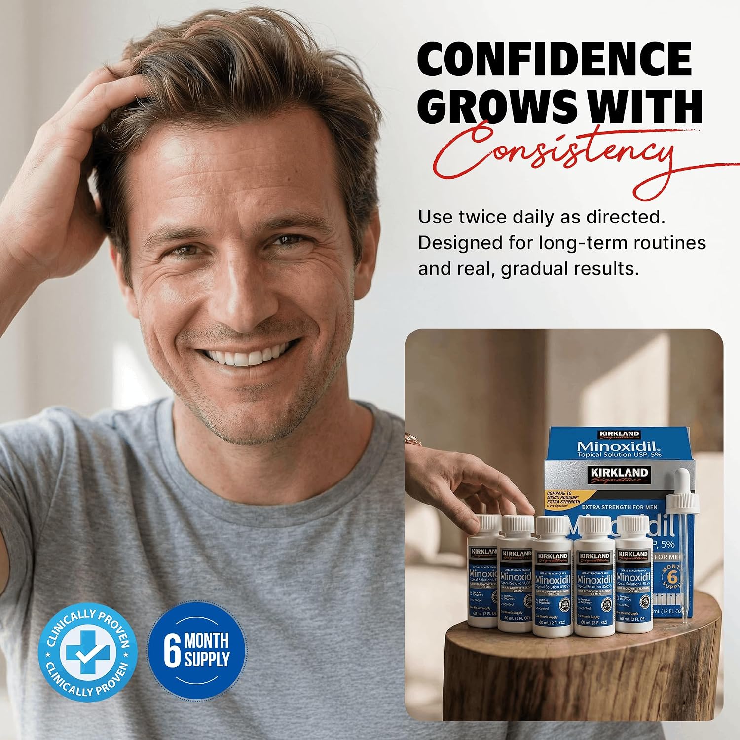 Minoxidil Liquid Extra Strength Hair Regrowth Treatment For Men, 5% Topical Solution, 6 Months Supply - Dropper Applicator And Bonus Free Instructional Guide Included