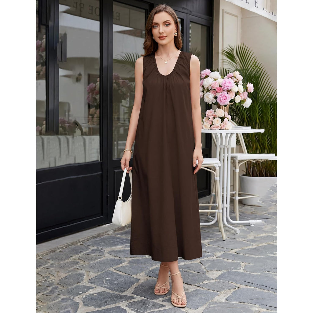 Livtany Women'S Scoop Neck Ruched Maxi Dress Flowy Swing Wide Straps Long Dress Casual Sleeveless Sundress With Side Pockets